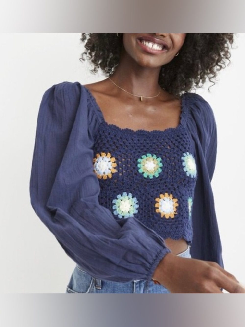 American Eagle aerie Navy Crochet Square-Neck Top with Floral Motifs long sleeve
